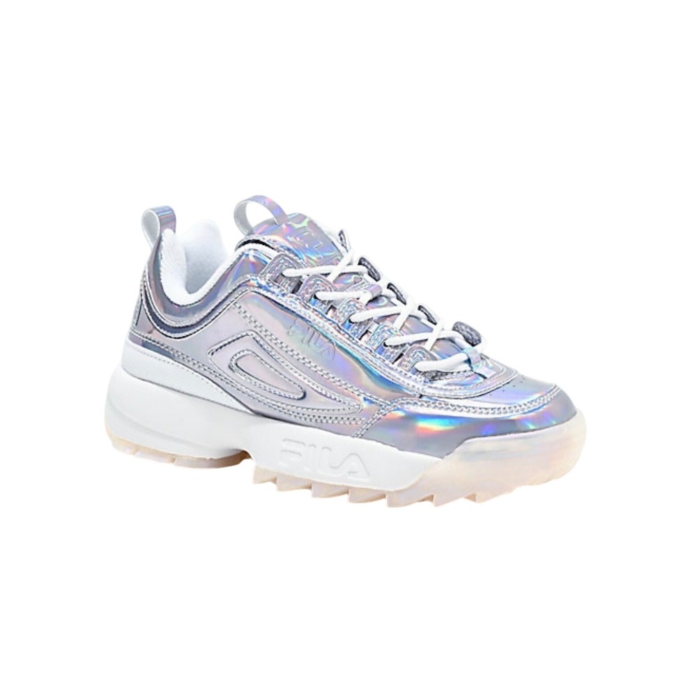 NEW Fila Disruptor II Premium Shoes Iridescent Silver Sneakers Womens 6 NIB